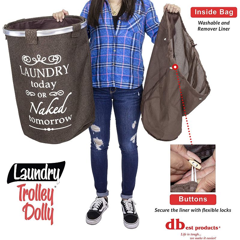 dbest products DBEST-01-563 Laundry Bag Clothes Hamper Basket Wagon Cart Trolley Dolly with Handle, Wheels, and Removable Liner, Brown