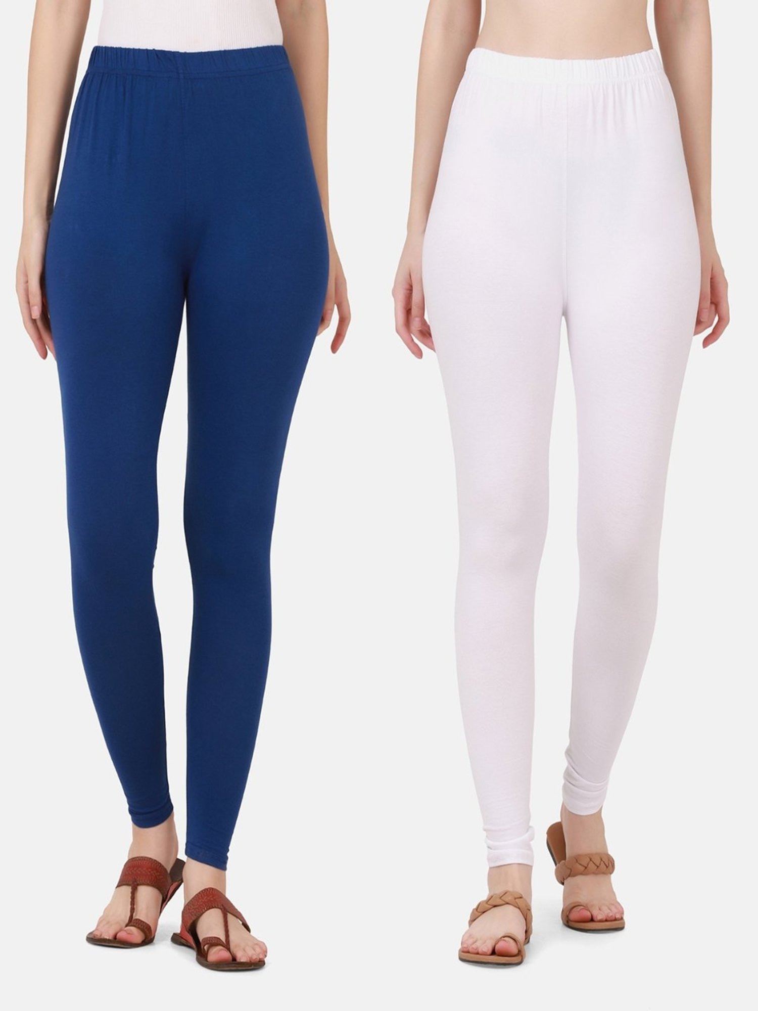 BUYNEWTREND Blue & White Cotton Leggings - Pack Of 2