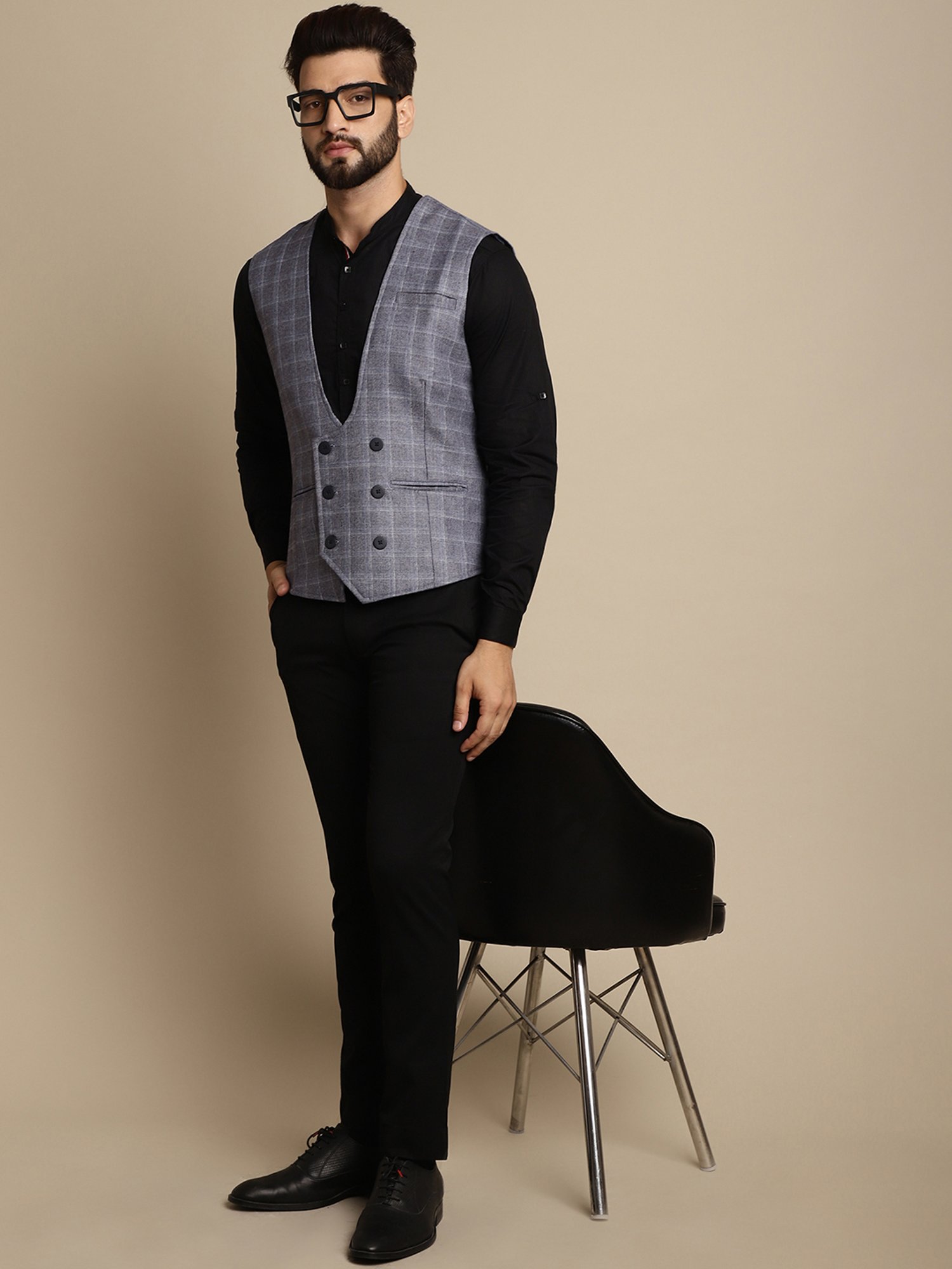 Even Slate Grey Regular Fit V Neck Check Waistcoat