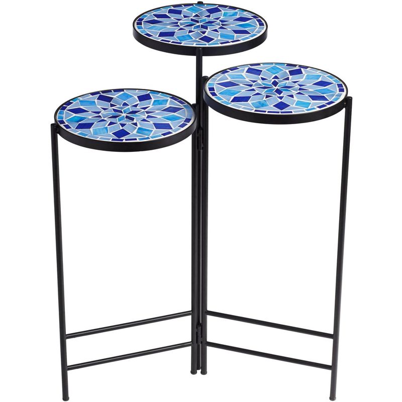 Teal Island Designs Blue Mosaic Black Iron Set of 3 Accent Tables