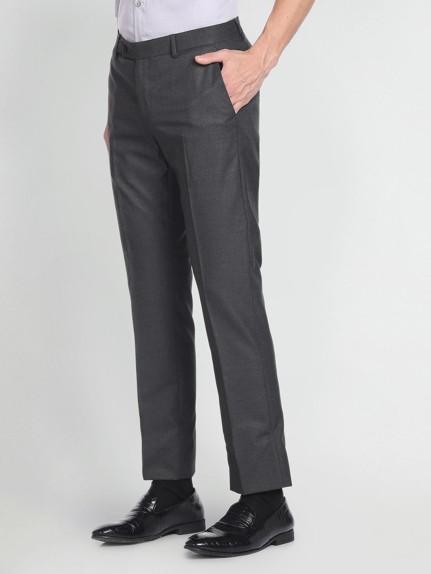 Arrow Grey Regular Fit Self Pattern Trousers