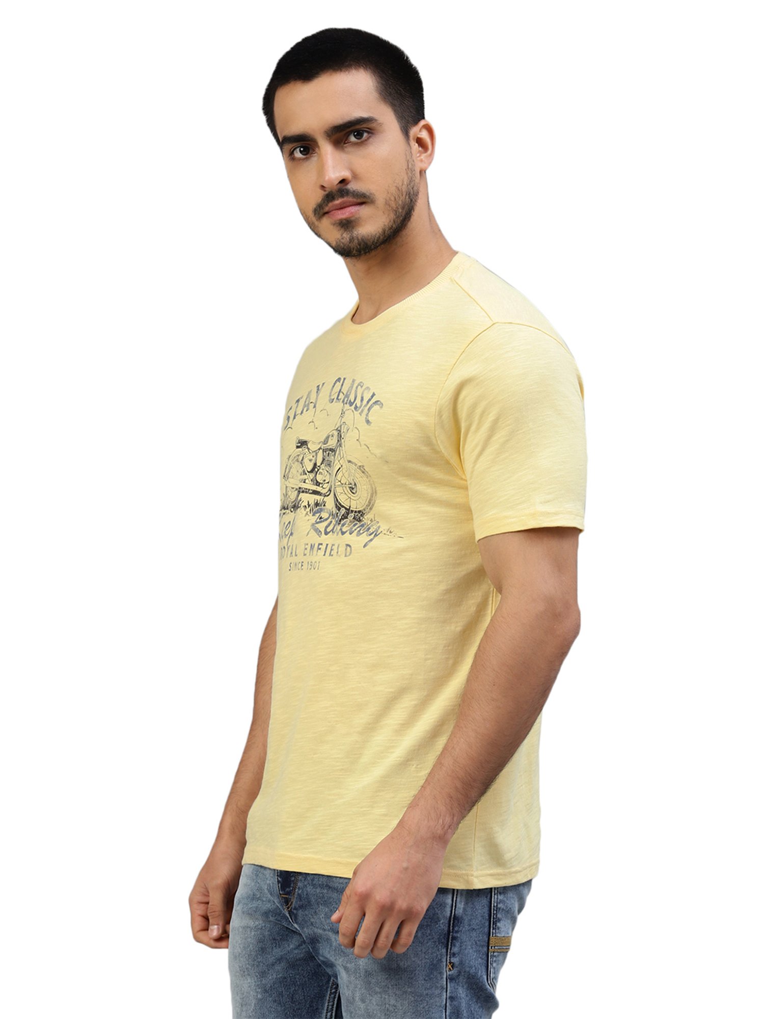 Royal Enfield Ride On Light Yellow Regular Fit Printed Crew T-Shirt