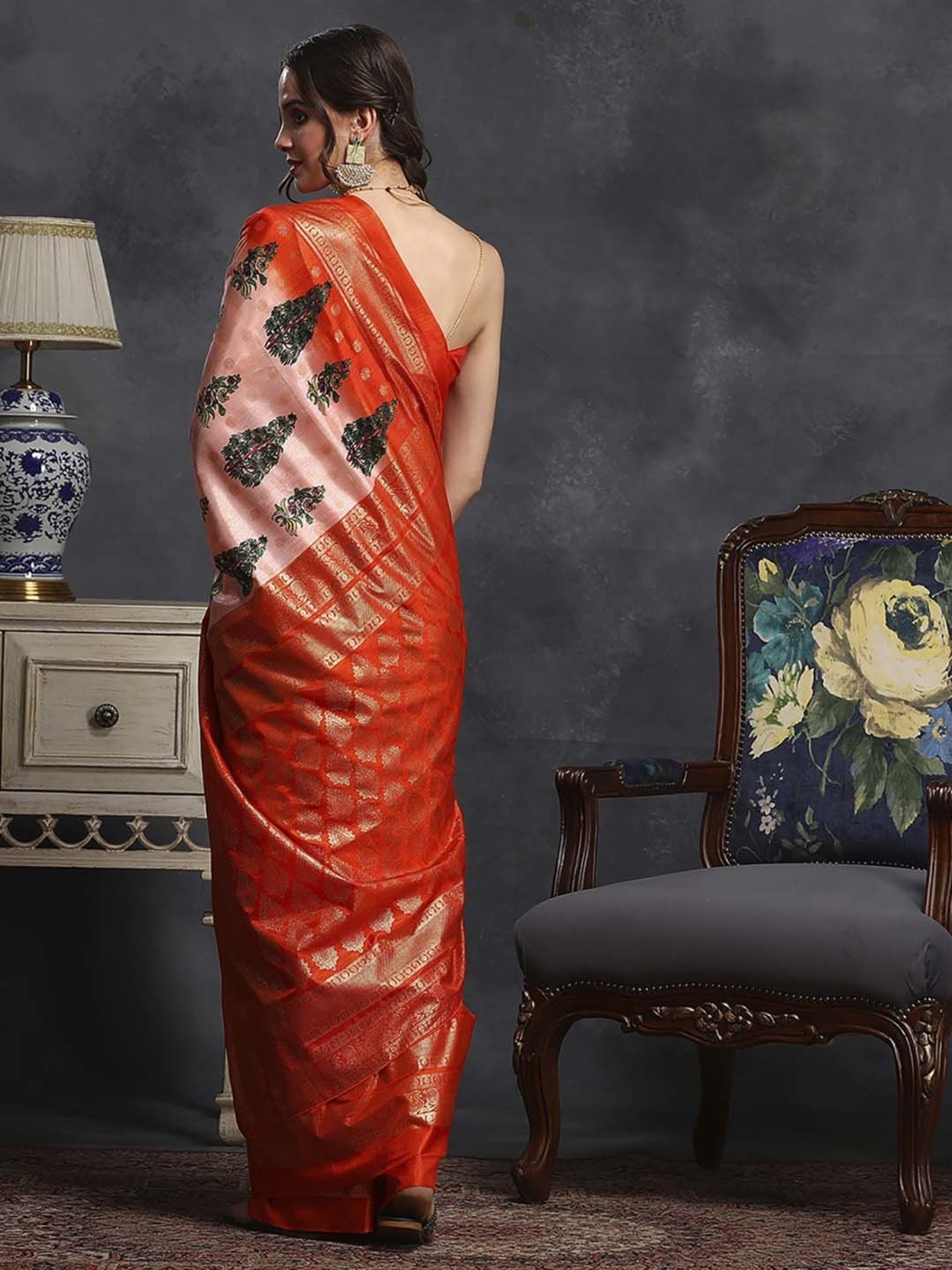 Saree Mall Pink & Orange Silk Printed Saree With Unstitched Blouse