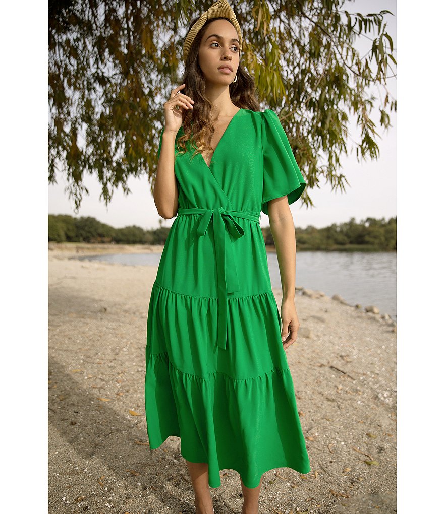 Adelyn Rae Tiered Faux Wrap V-Neck Midi Dress