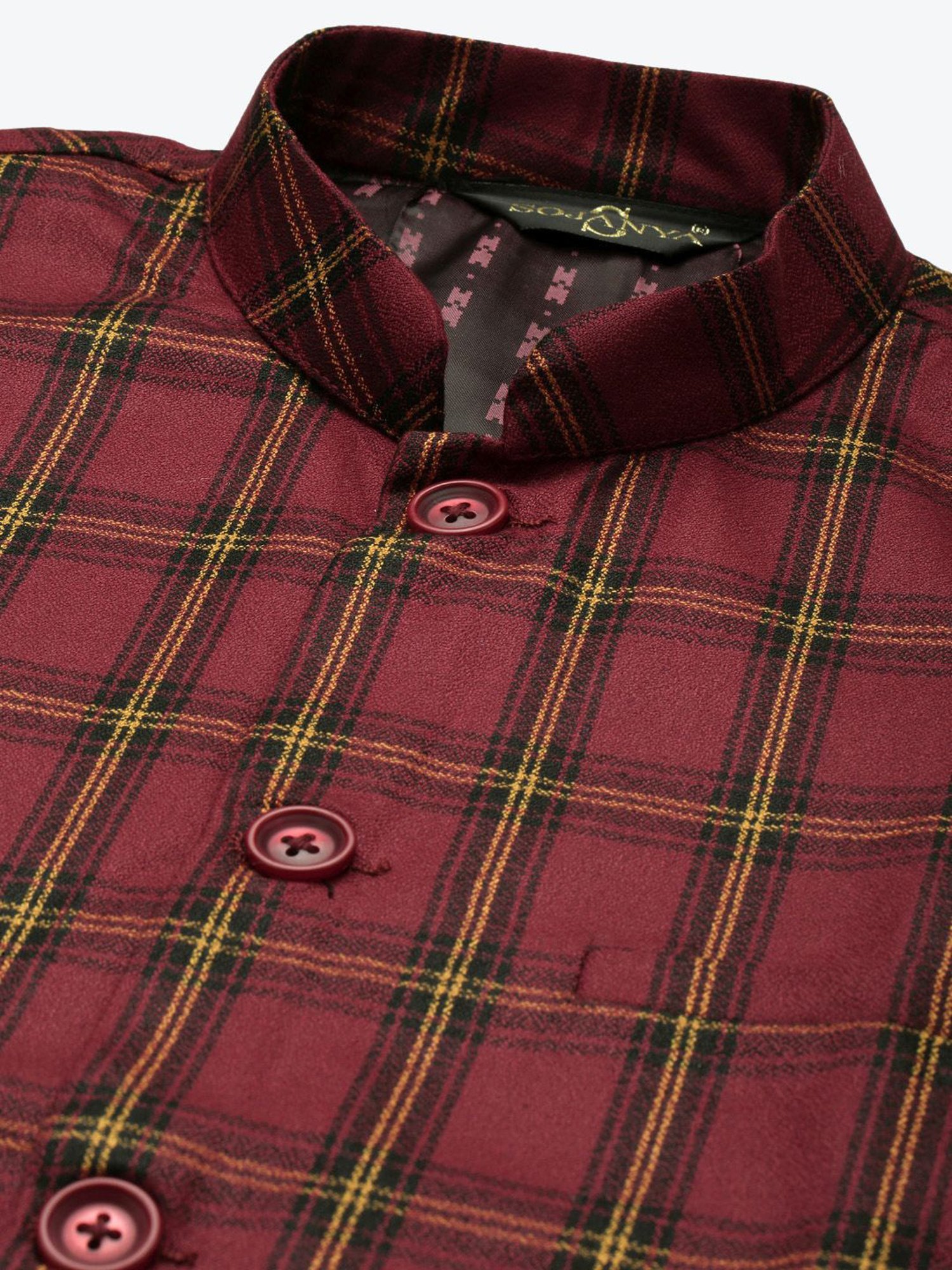 Sojanya Beige & Maroon Regular Fit Checks Kurta Set With Jacket