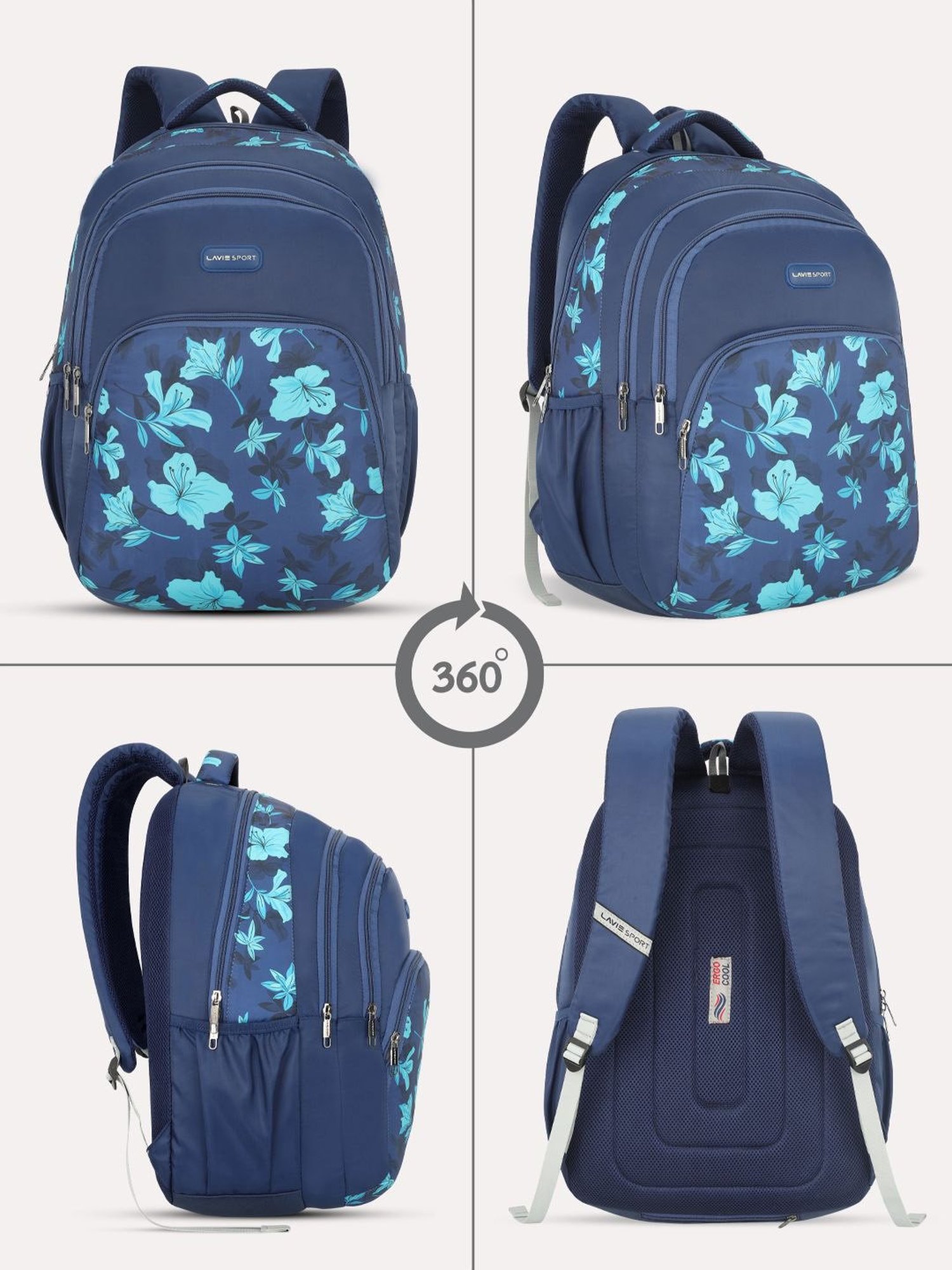 Lavie Sport Cherry Blossom 39L Printed School Backpack with Rain cover for Girls (Navy)