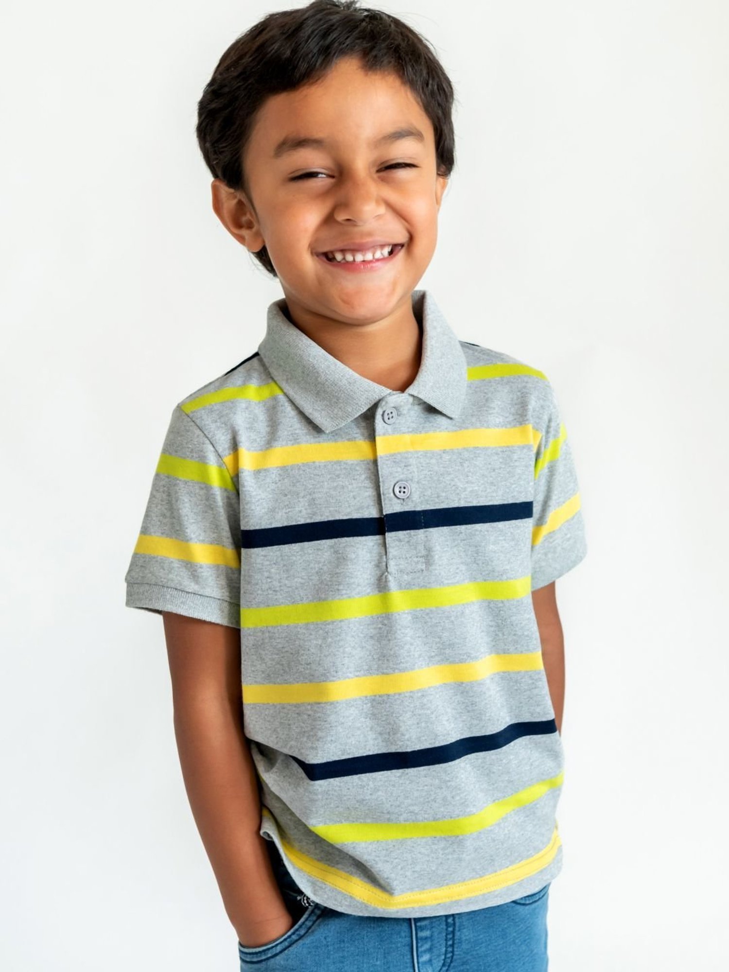 Campana Kids Grey & Yellow Cotton Striped Polo T-Shirt