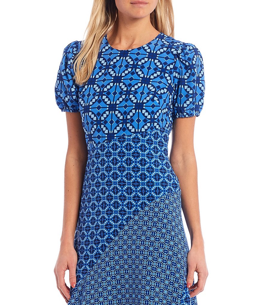 Donna Morgan Mixed Print Crepe de Chine Short Puff Sleeve Midi Dress