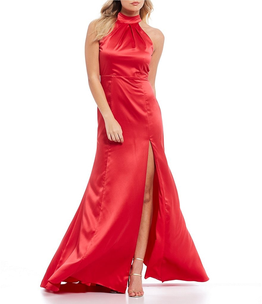 B. Darlin Sleeveless Mock-Neck Bow-Back High Side Slit Satin Long Dress