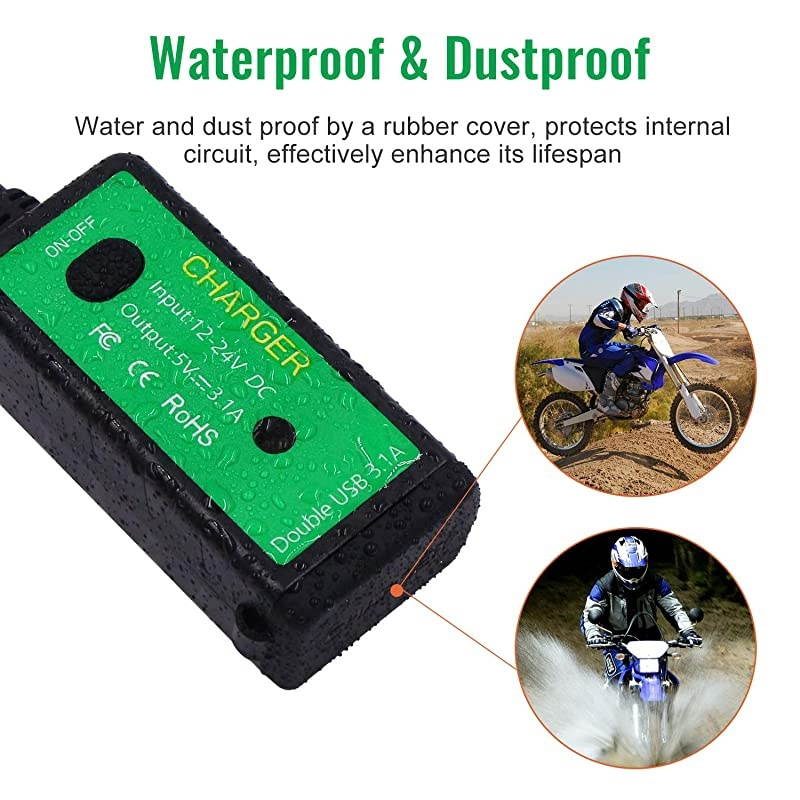 M2A Motorcycle USB Charger Kit Ring Terminal to 31Amp Dual USB Port Adapter with Voltmeter ONOff Switch3 Install Options Waterproof Quick Disconnect Plug for Smart Phone Tablet GPS Camera