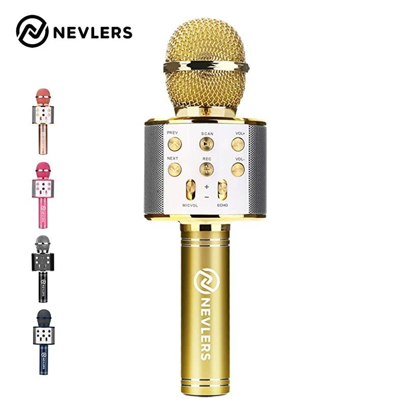Karaoke Microphone with Wireless Bluetooth Speaker and Recording Options Easy To Use Portable Handheld Karaoke Machine for Kids and Adults GOLD