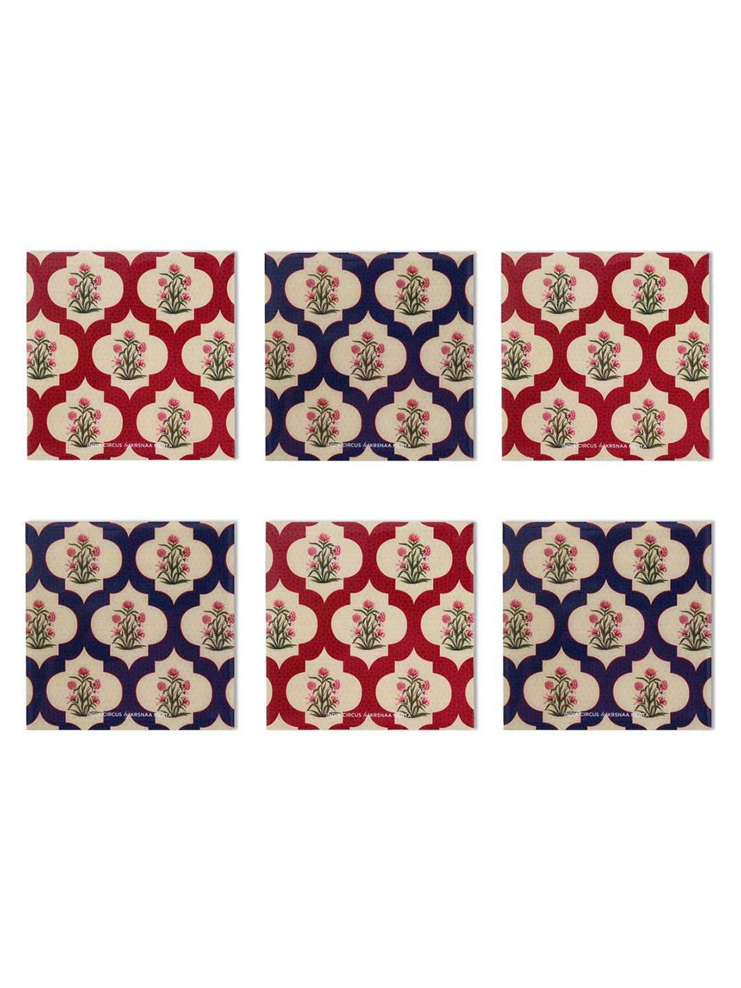 India Circus by Krsnaa Mehta Blue & Red Mdf Poppy Flower Table Coaster - Set of 6