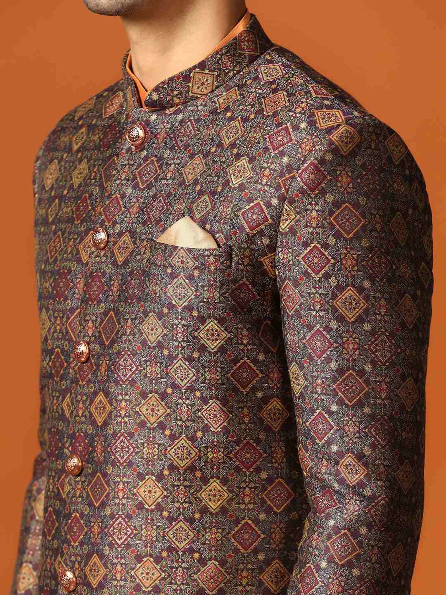 KISAH Mid Maroon Regular Fit Self Pattern Sherwani Set