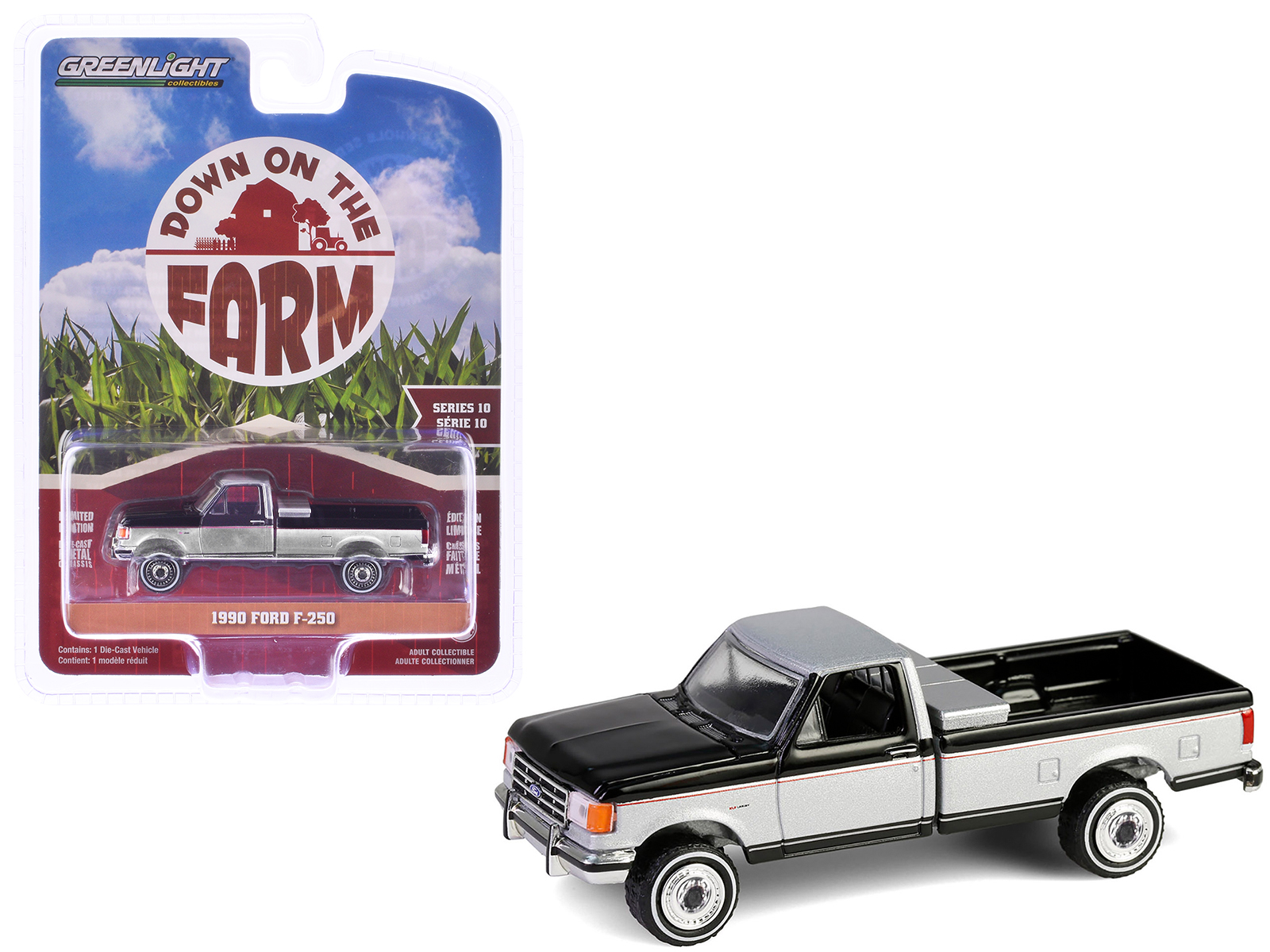 1990 Ford F-250 Pickup Truck with Tool Box Raven Black and Silver Metallic "Down on the Farm" Series 10 1/64 Diecast Model by Greenlight
