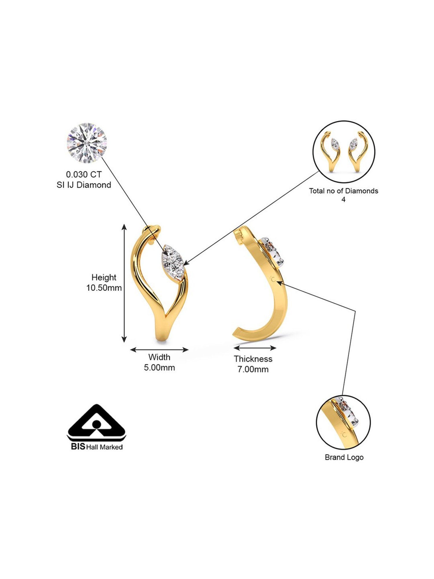 Candere by Kalyan Jewellers Stylish 18K Yellow Gold and Diamond Stud Earrings