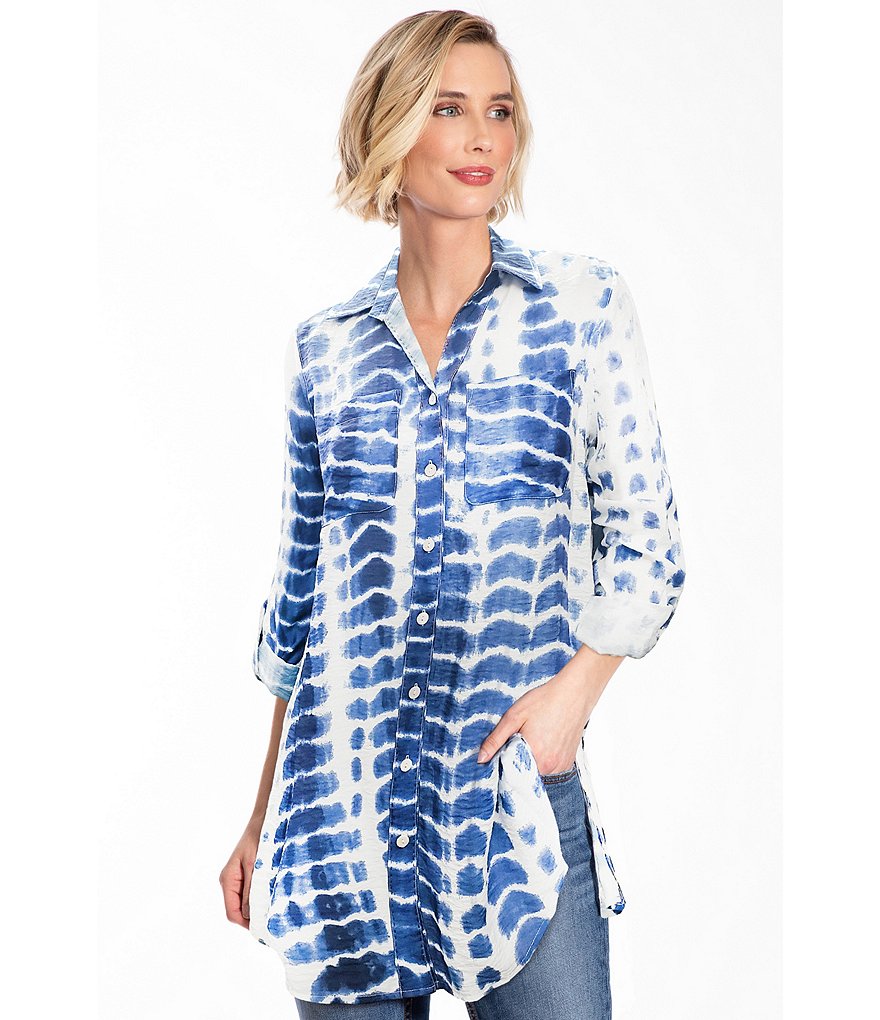 John Mark Roll Tab Sleeve Tie-Dye Print Button Front Pocket Tunic