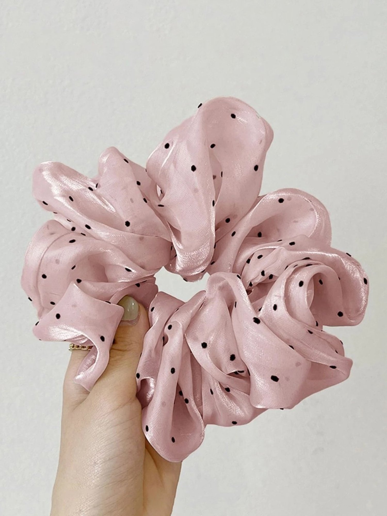 OOMPH Pink Shimmer Organza Polka Dots Big Large Scrunchy Rubber Band Hair Tie Ponytail Holder