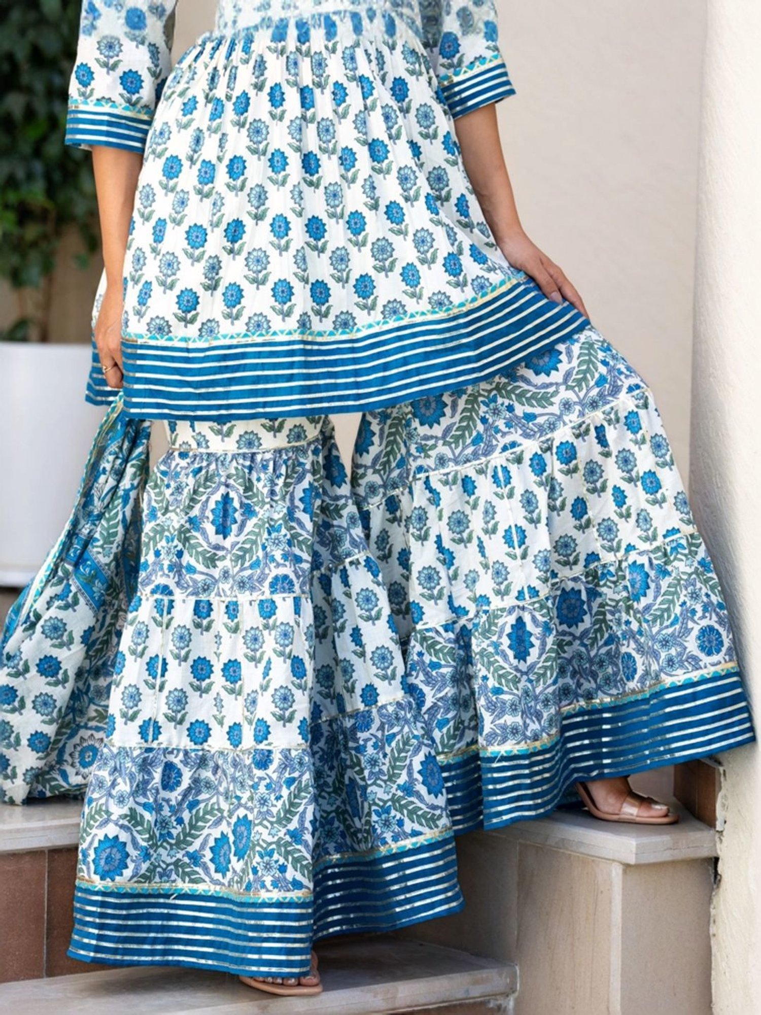 HOUSE OF JAMOTI Blue Cotton Printed Short Kurti Sharara Set With Dupatta