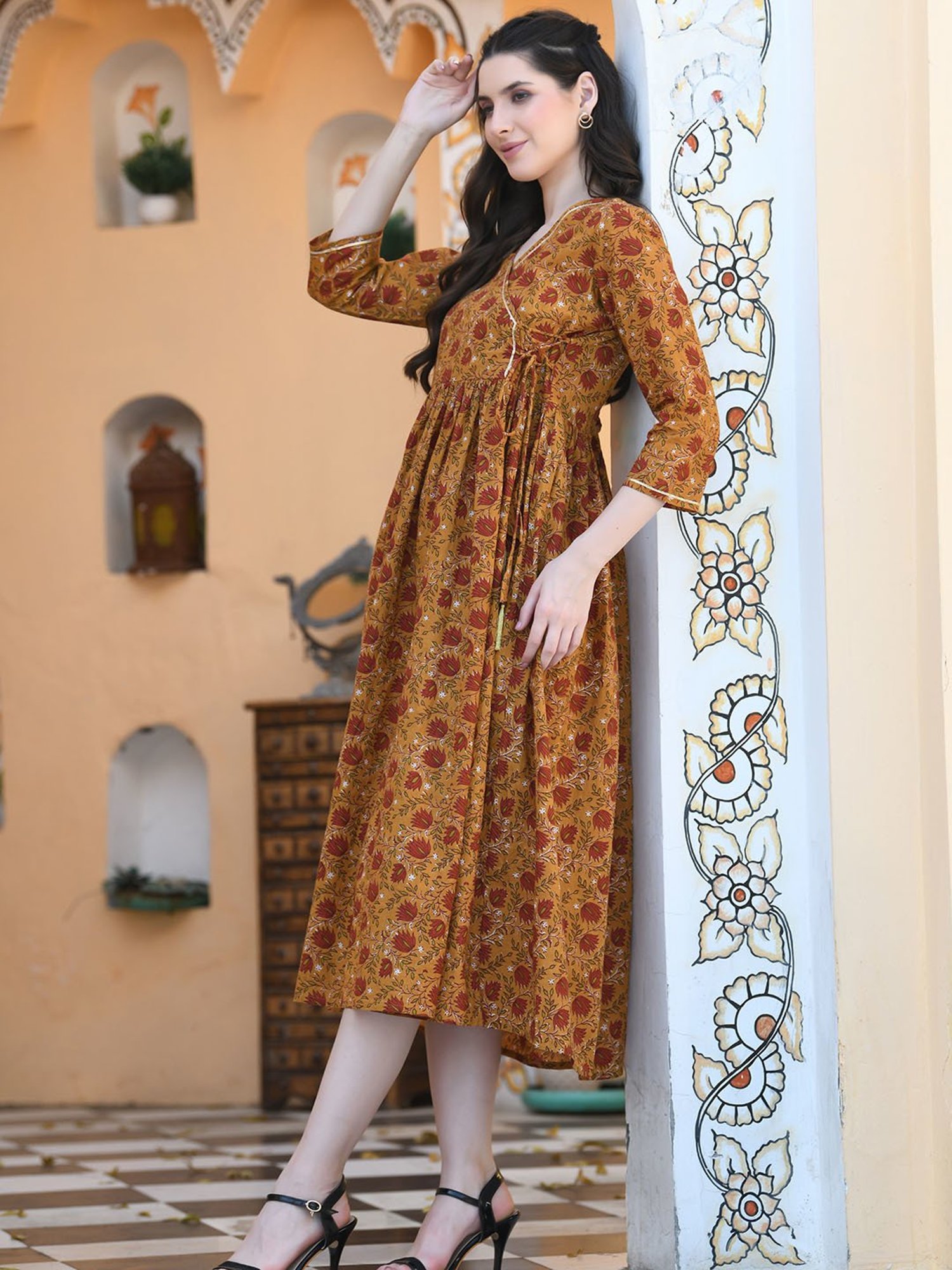DECKEDUP Mustard Cotton Printed Midi Dress