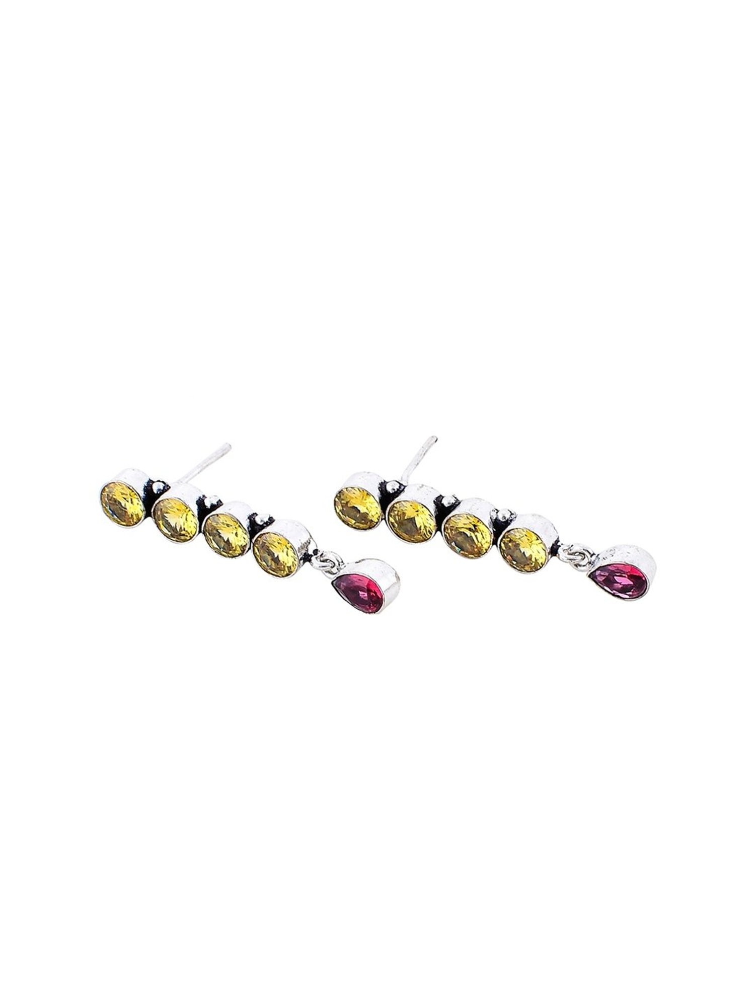 Imli Street Yellow-Pink Silver Tone Stone-Studded Handcrafted Dangler Earrings