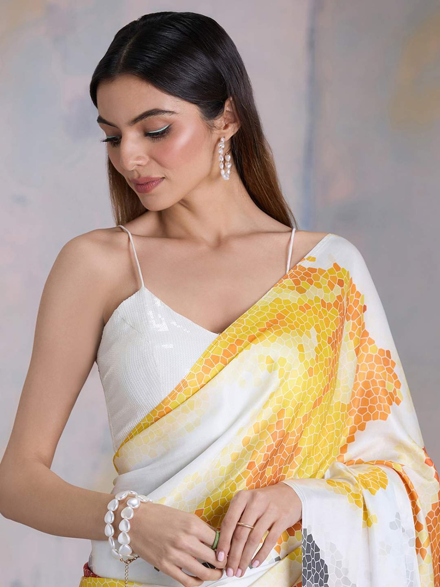 navyasa by liva Orange Printed Saree With Unstitched Blouse