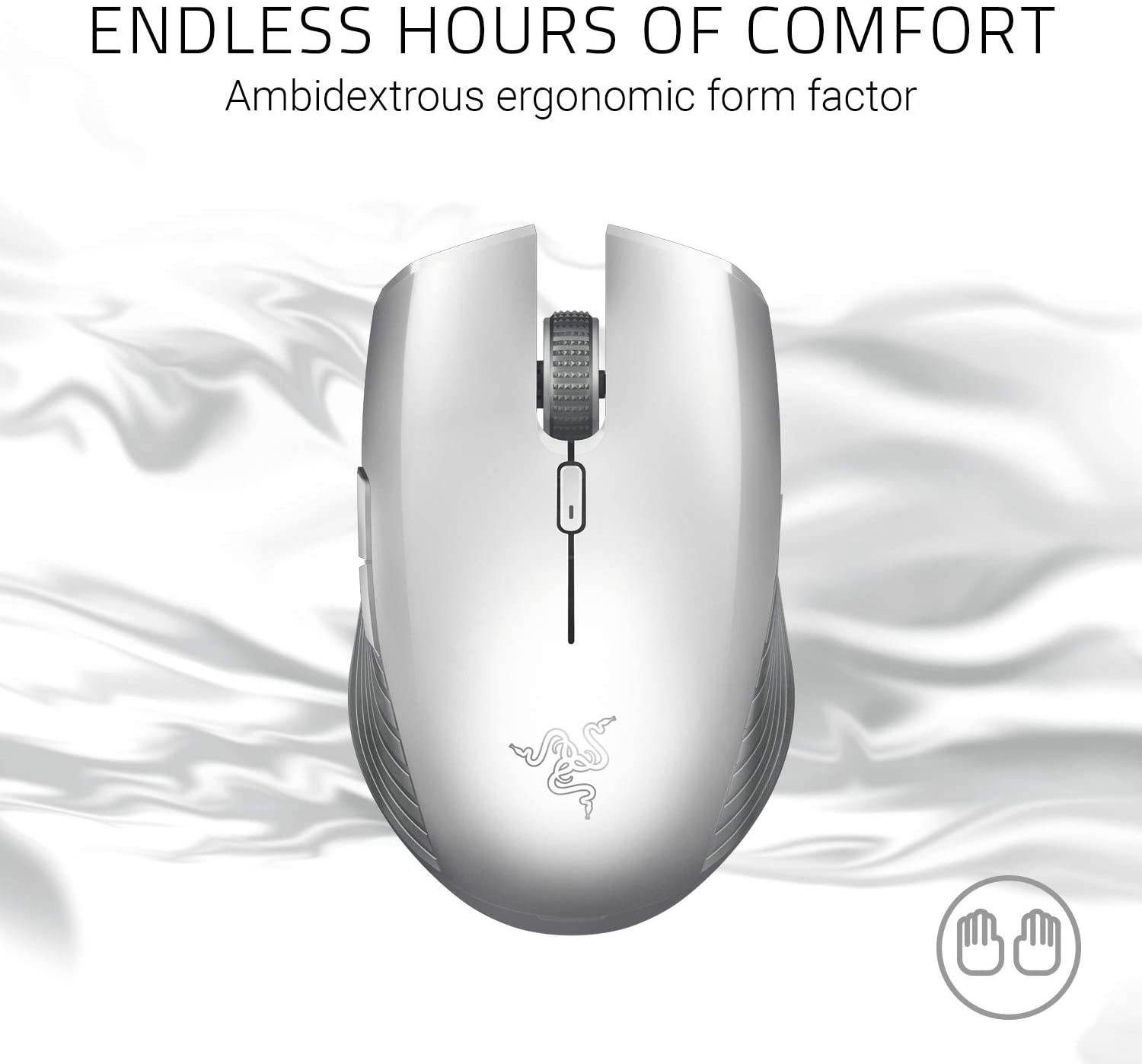 Atheris Ambidextrous Wireless Mouse: 7200 DPI Optical Sensor, 350 Hr Battery Life, USB Wireless Receiver & Bluetooth Connection, Mercury White