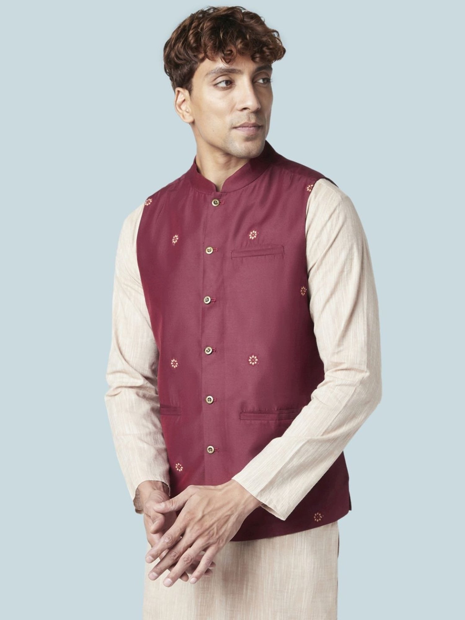 Indus Route By Pantaloons Maroon Regular Fit Embroidered Nehru Jacket