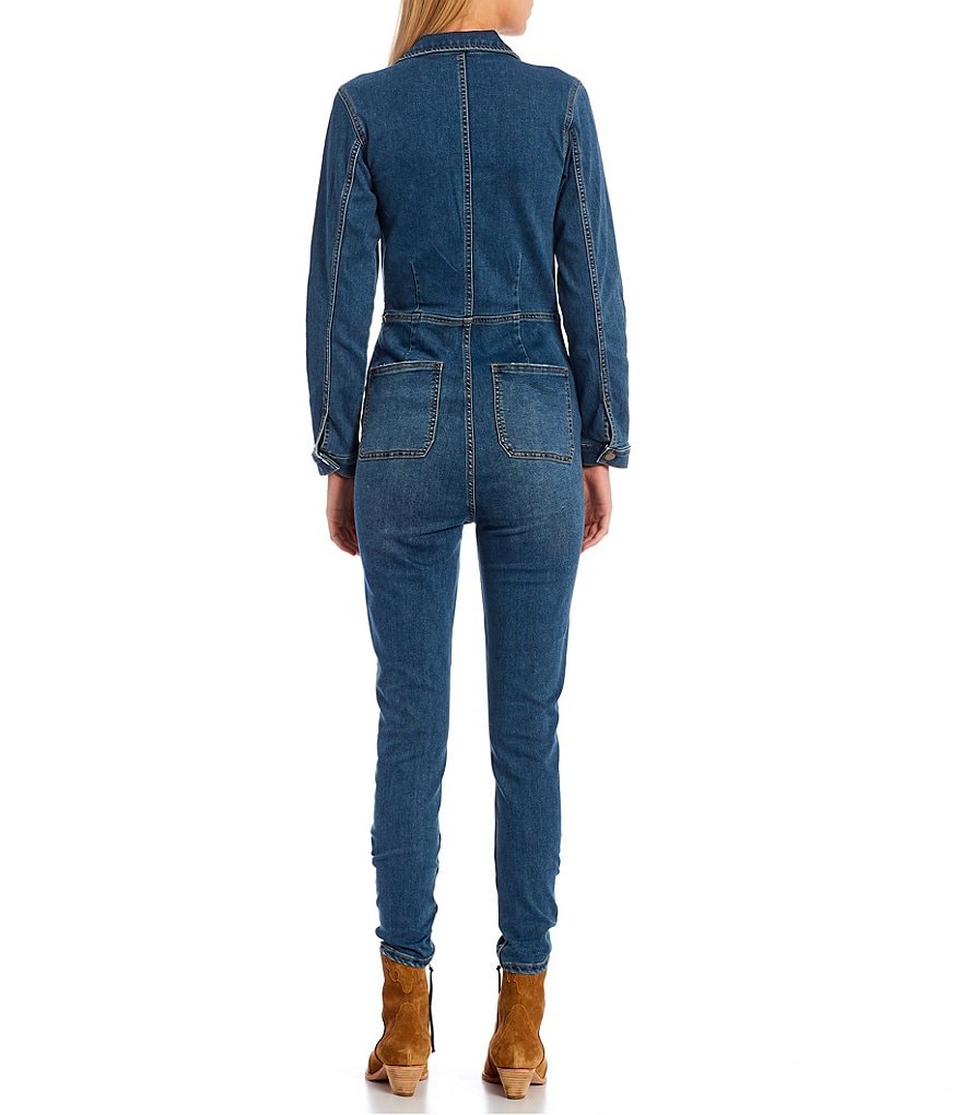 Free People Lennox Zipper Front Stretch Point Collar Long Sleeve Denim Jumpsuit