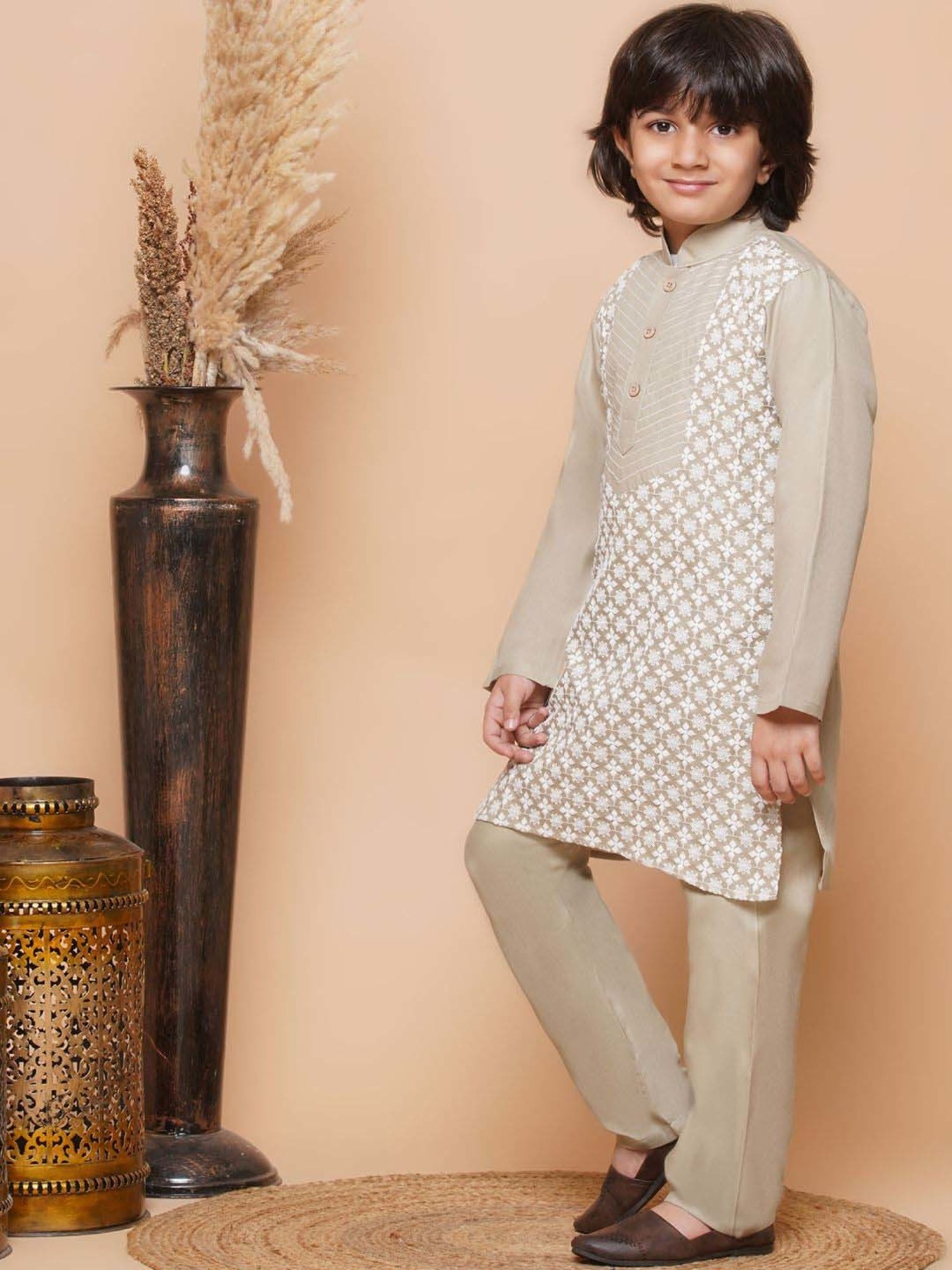 AJ Dezines Kids Pista Green Cotton Embroidered Full Sleeves Kurta Set