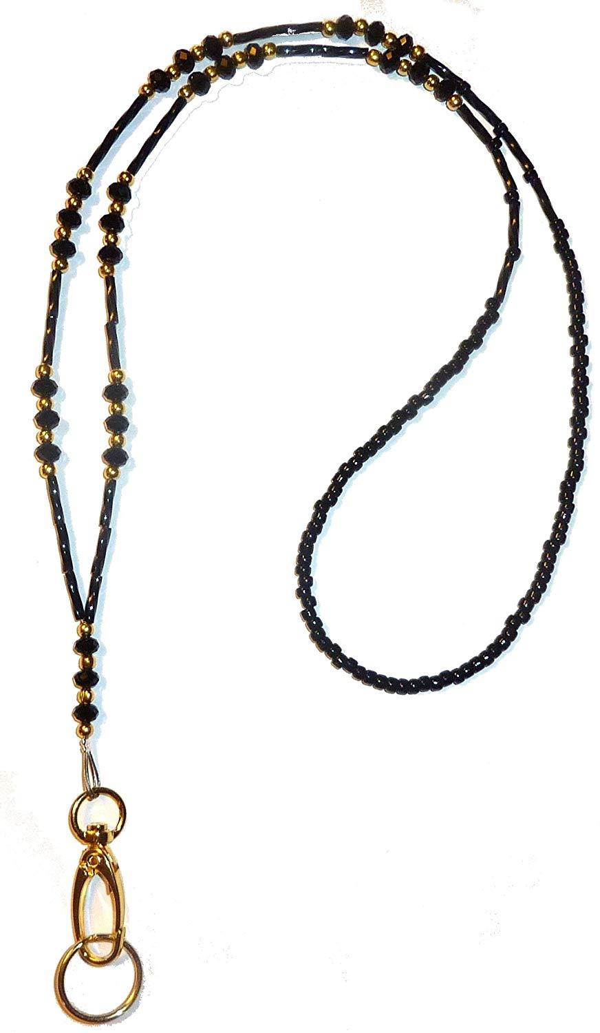 Crystal Style Fashion Women's Beaded Lanyard 34", Breakaway and Non breakaway available, For Keys, Badge holder (GOLD Black Crystal - NON Breakaway (Stronger))
