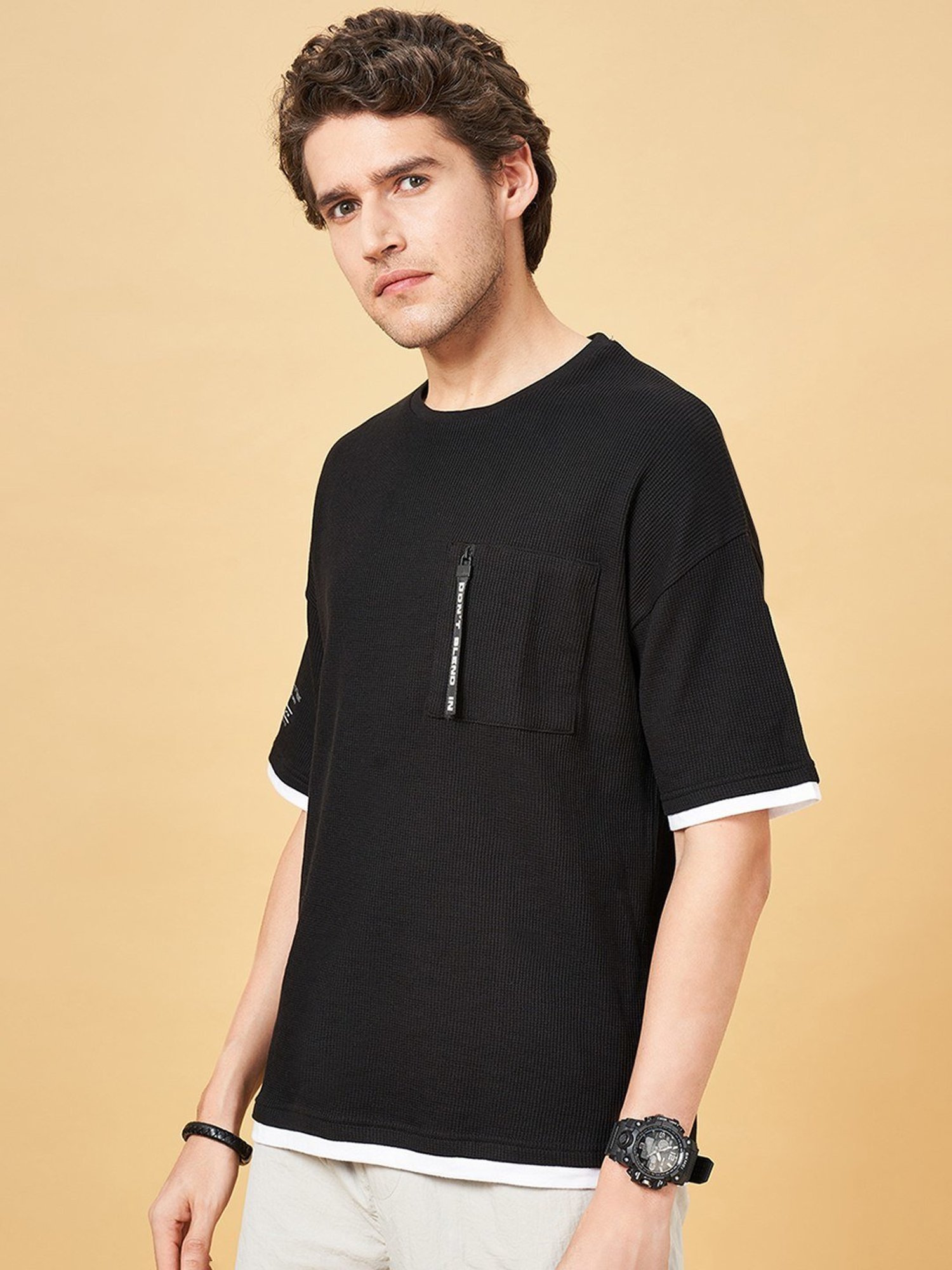 Street 808 By Pantaloons Jet Black Loose Fit Texture T-Shirt
