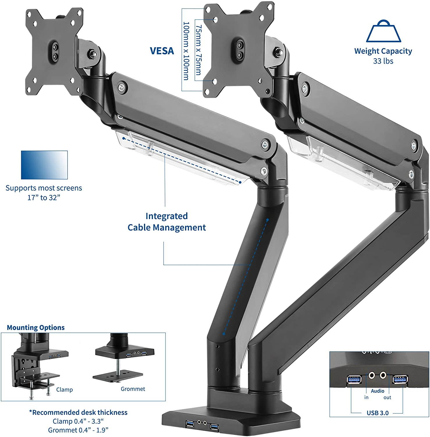 VIVO Dual Monitor Counterbalance Desk Mount Stand w/ USB & Multi Media Ports | Fits Screens up to 32" (STAND-V102G2U)