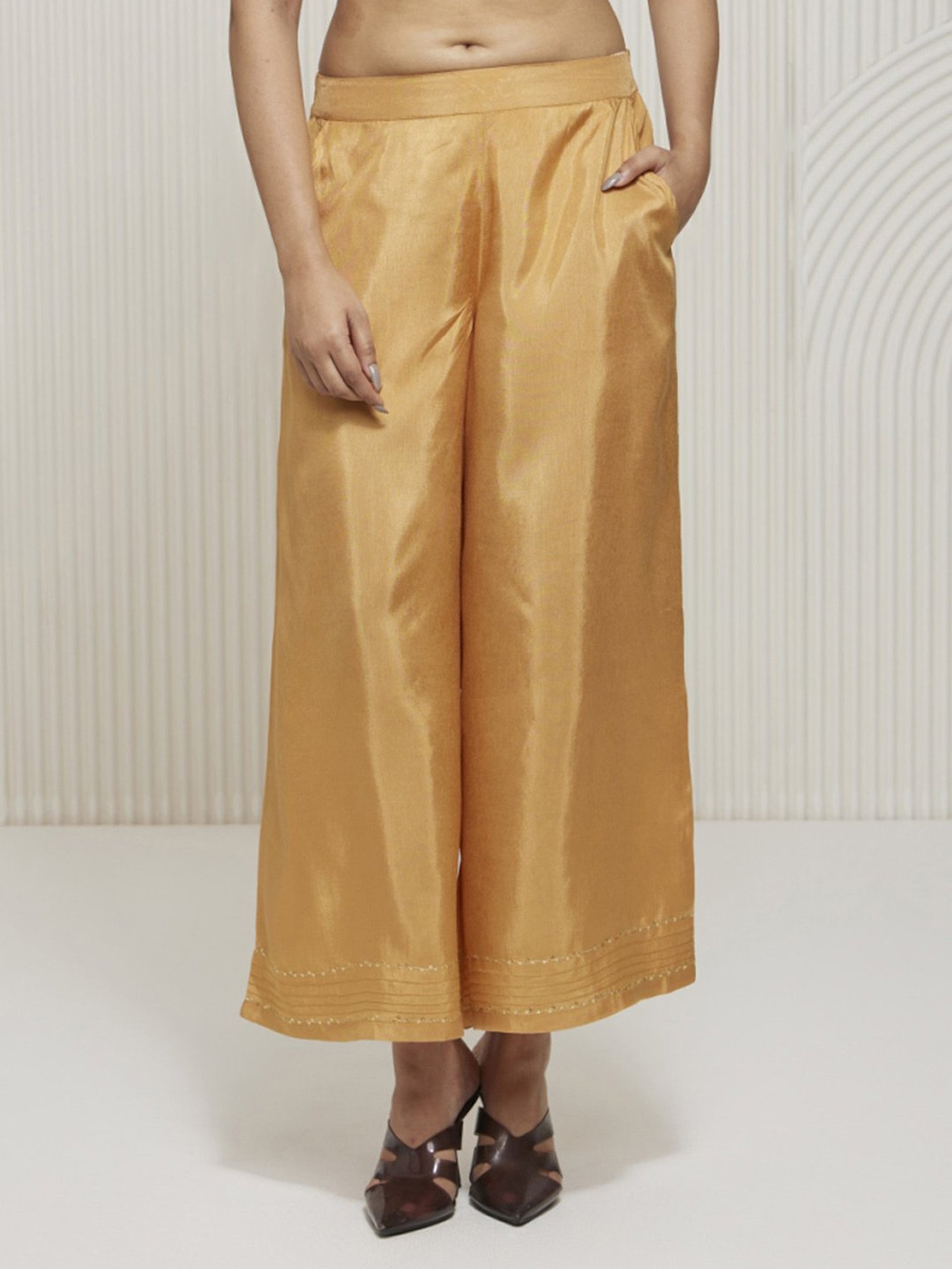Artagai Gold Earth Palazzo with Pin Tucks and Embroidery At Hemline