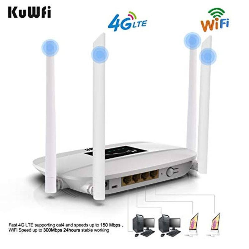 KuWFi 4G LTE CPE Wireless WiFi Internet Router 300Mbps Unlocked with SIM Card Slot with 4pcs Antenna for CA/USA/MX and a Few Central American Countries Not for Verizon SIM Card (LC111-L)