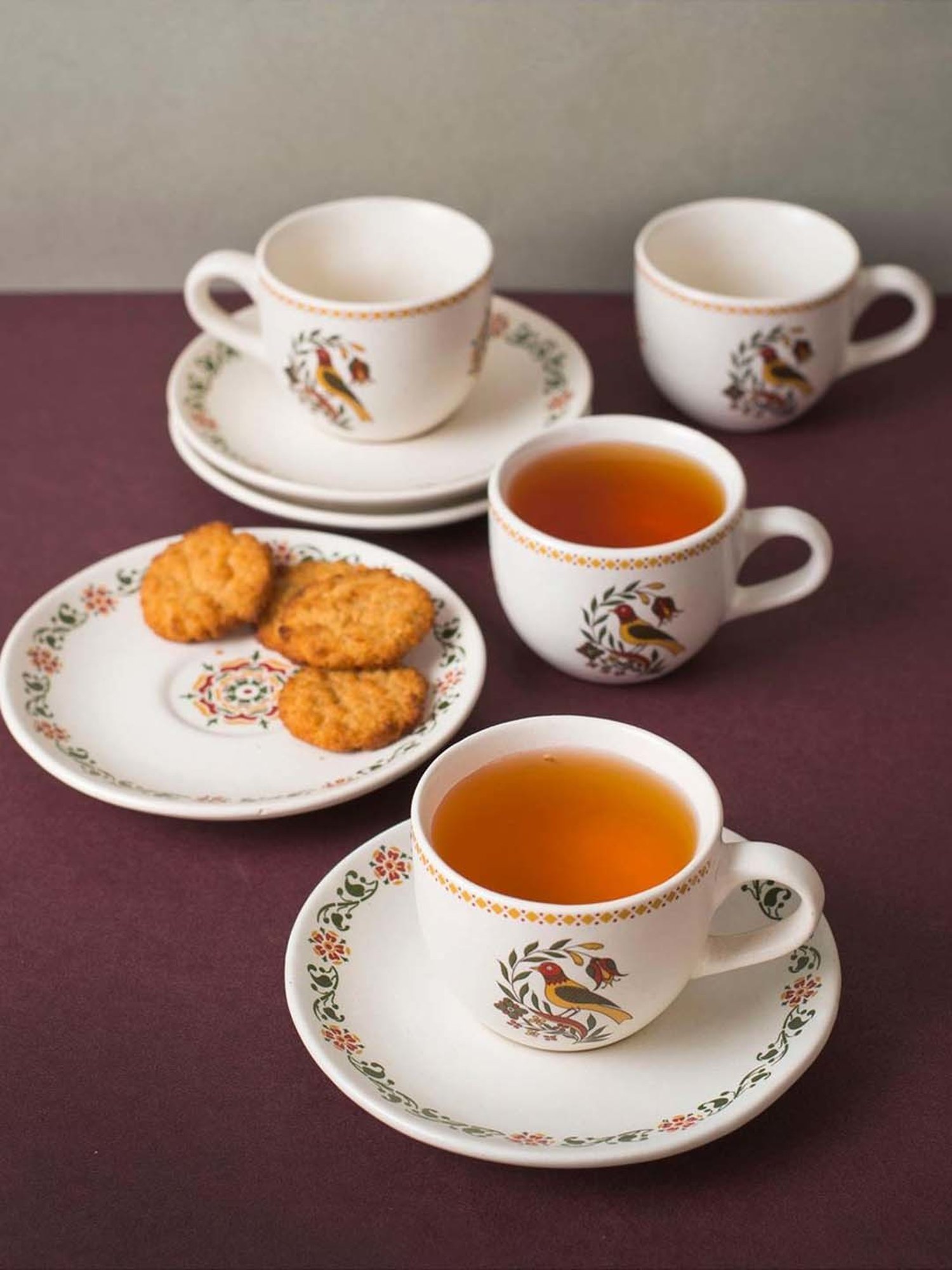 Fabindia Home Pushp Multicolor Ceramic Casted Cup & Saucer (180ml) - Set of 8