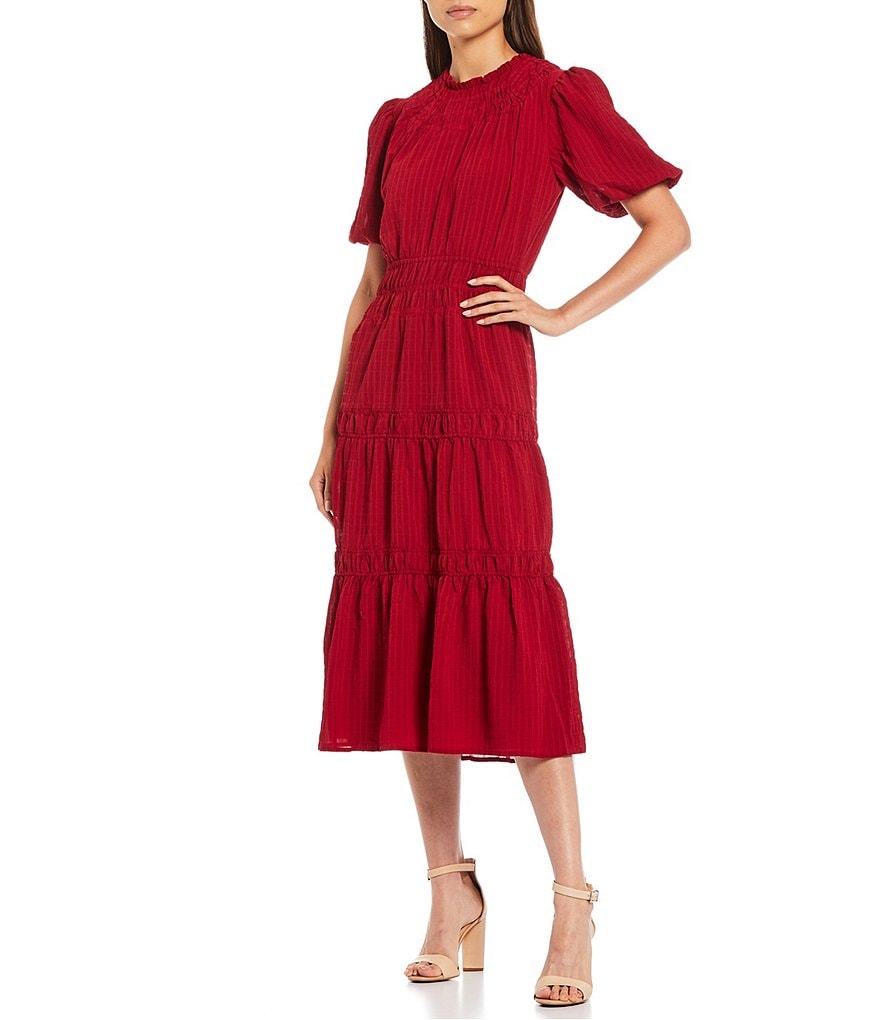 Adelyn Rae Smocked Blouson Waist Crew Neck Short Balloon Sleeve Midi Dress