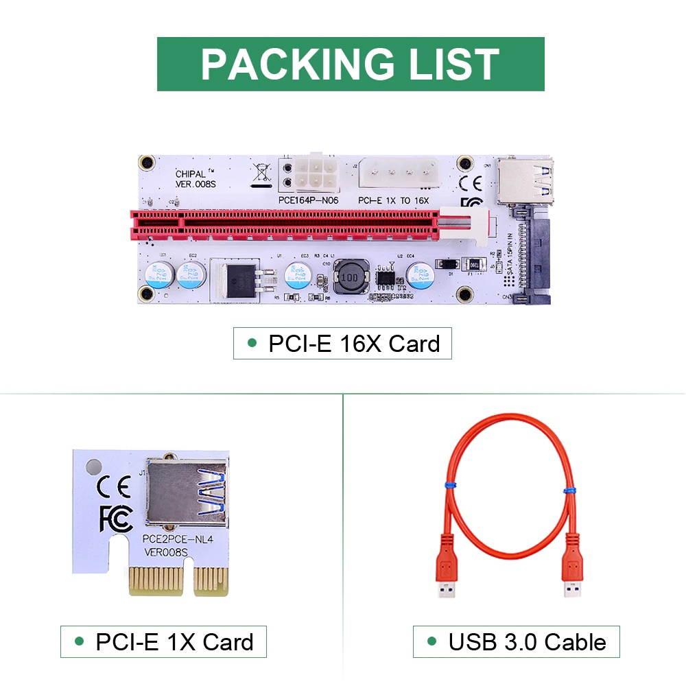 CHIPAL 5pcs VER008S 60cm PCI-E Riser Card PCIe 1x to 16x with 4pin 6pin Sata Power Supply + USB 3.0 Data Cable For Bitcoin Miner