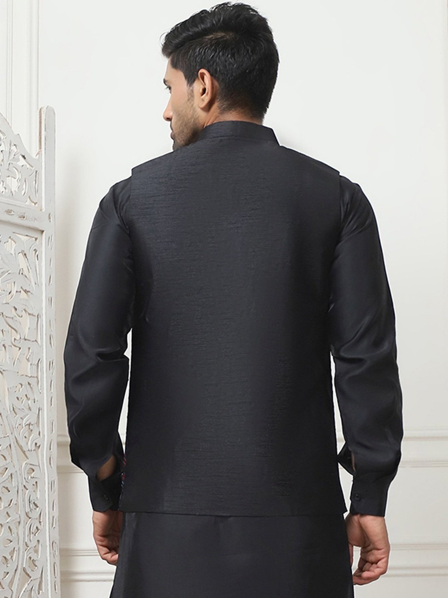 Jompers Navy Regular Fit Embroidered Nehru Jacket