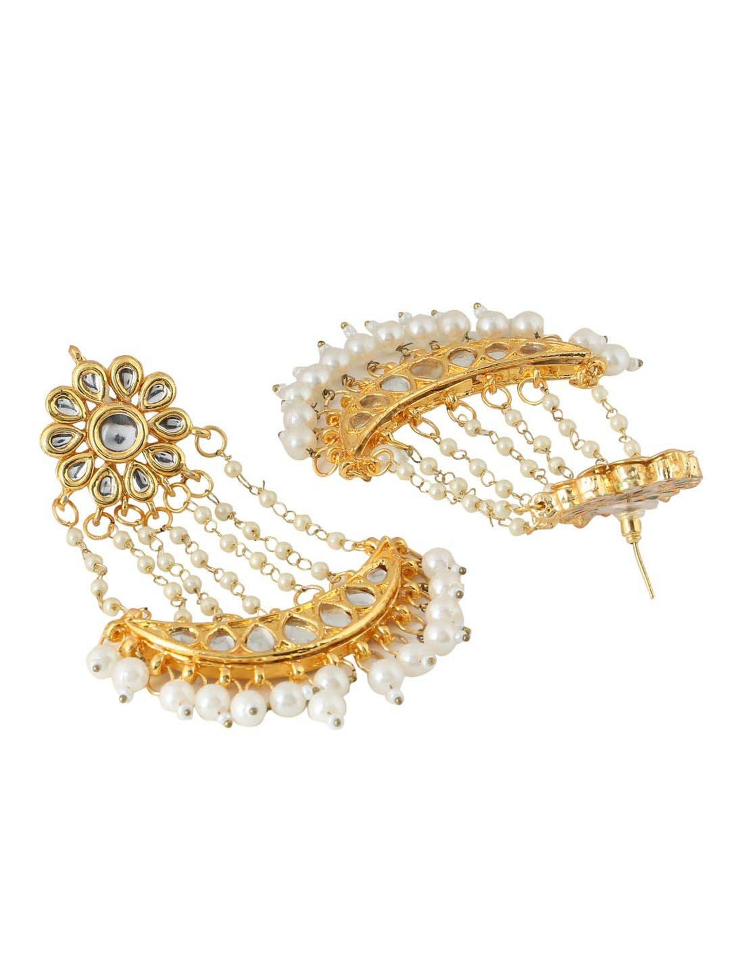 NVR Gold-Plated Kundan Chand Bali Earrings for Women