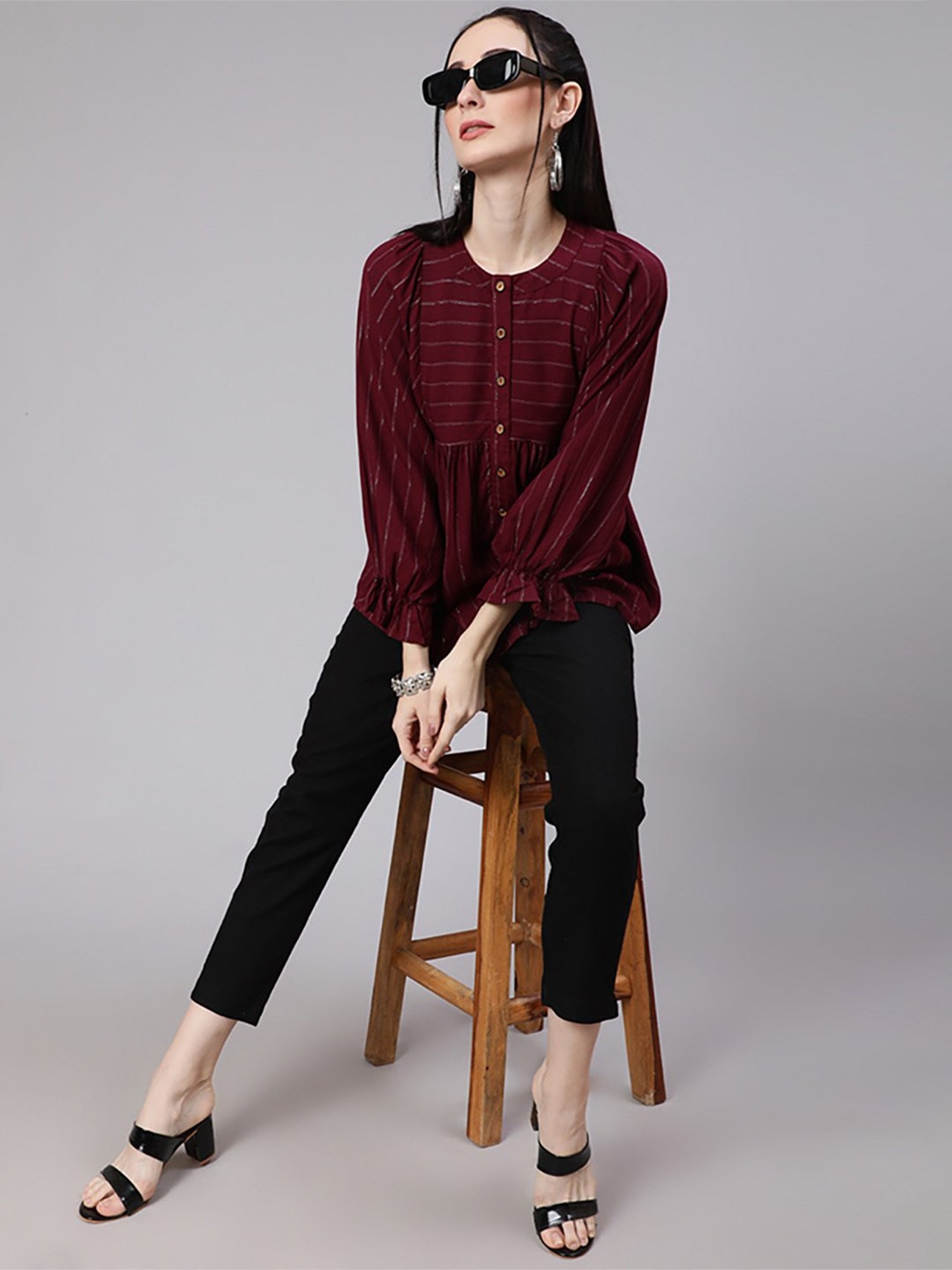Jaipur Kurti Maroon & Black Striped Top Pant Set