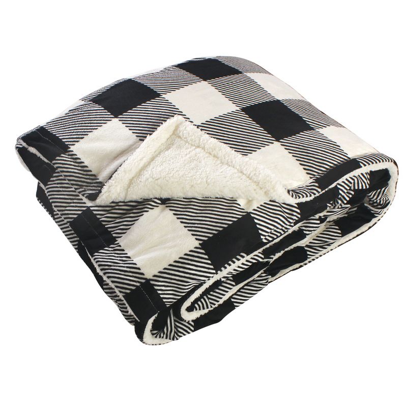 Hudson Home Collection Home Mink Blanket with Sherpa Back, Black Cream Plaid Sherpa, 90X90 In. (Full Queen)