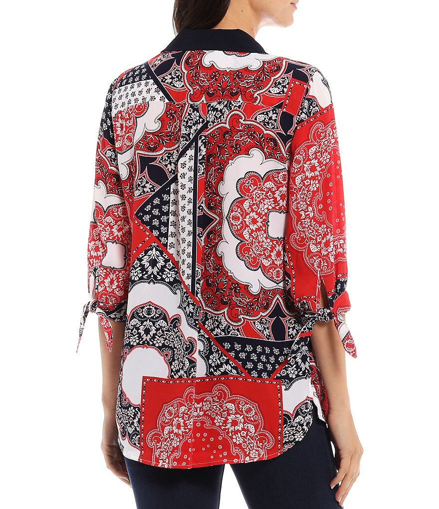 Slim Factor by Investments Paisley Patchwork Print 3/4 Roll-Tab Sleeve Tie-Front Top