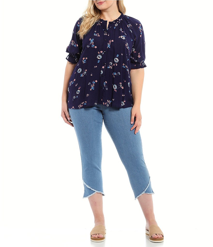 Bobeau Plus Size Navy Floral Print Ruffle Trim Split Round Neck Short Elbow Sleeve Button Down Top