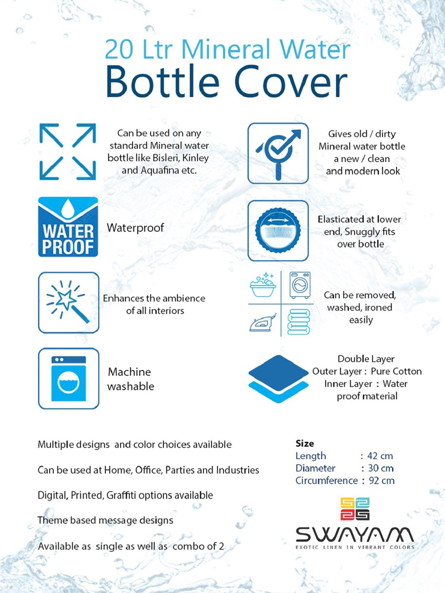 Swayam White & Blue Cotton 20 Litre Water Dispenser Bottle Cover - Set of 1