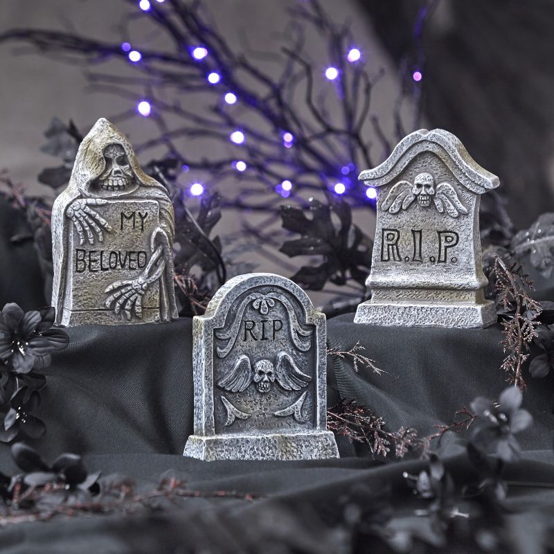 Lakeside Ceramic Tabletop Tombstones for Indoor Halloween Displays - Set of 3