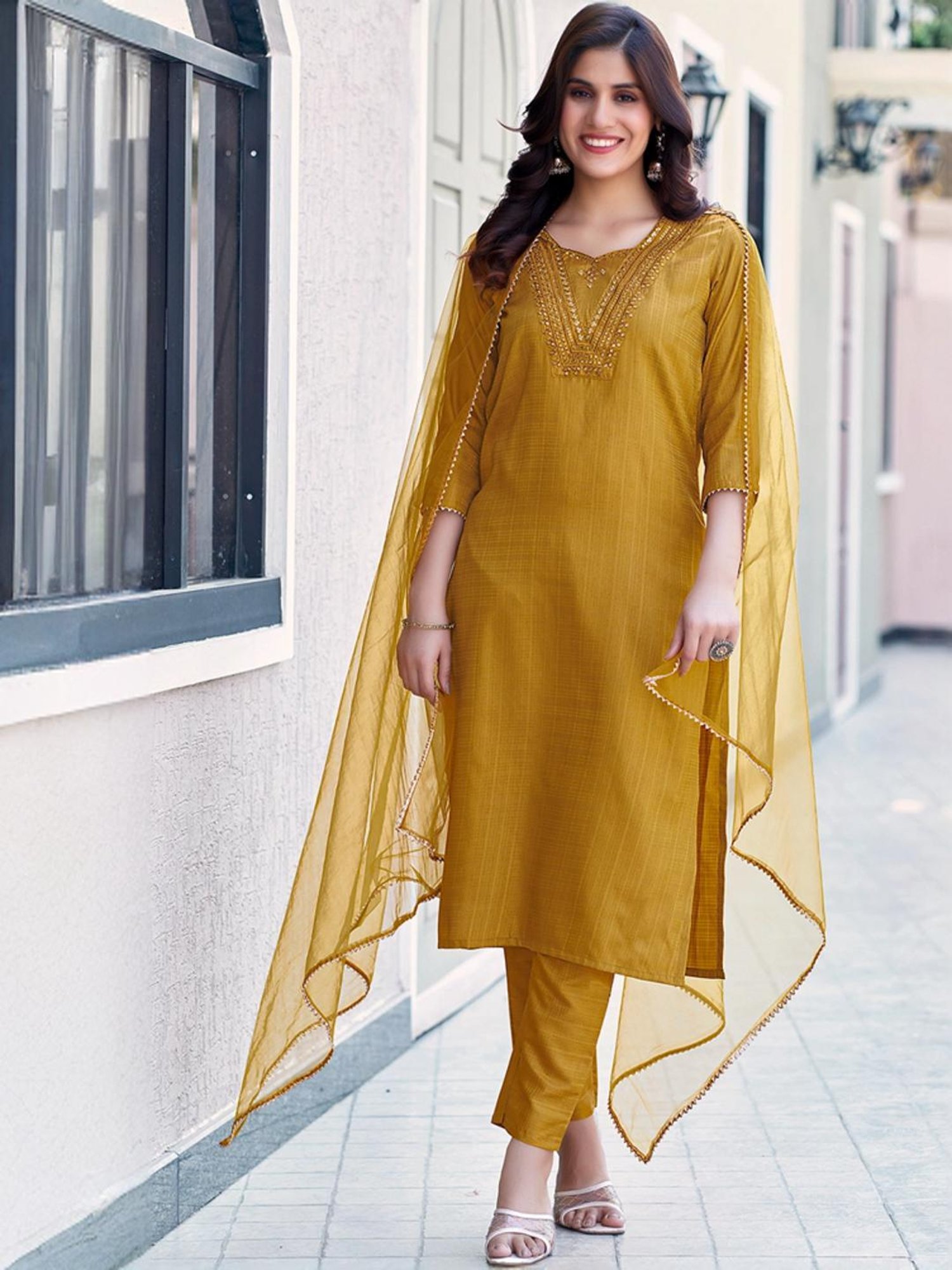 Skylee Mustard Embroidered Kurta Pant Set With Dupatta