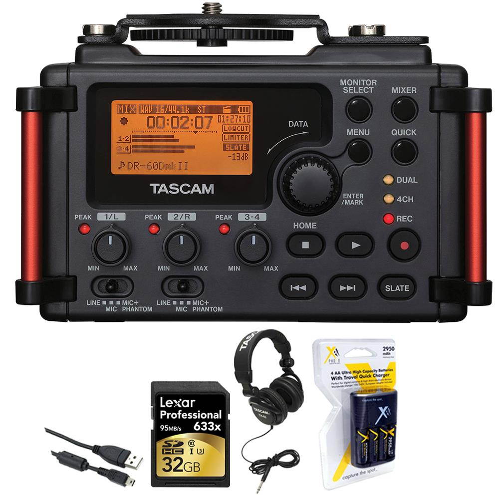 Tascam DR-60DMKII Portable Recorder for DSLR + 32 GB Card + Headphone+ Batteries