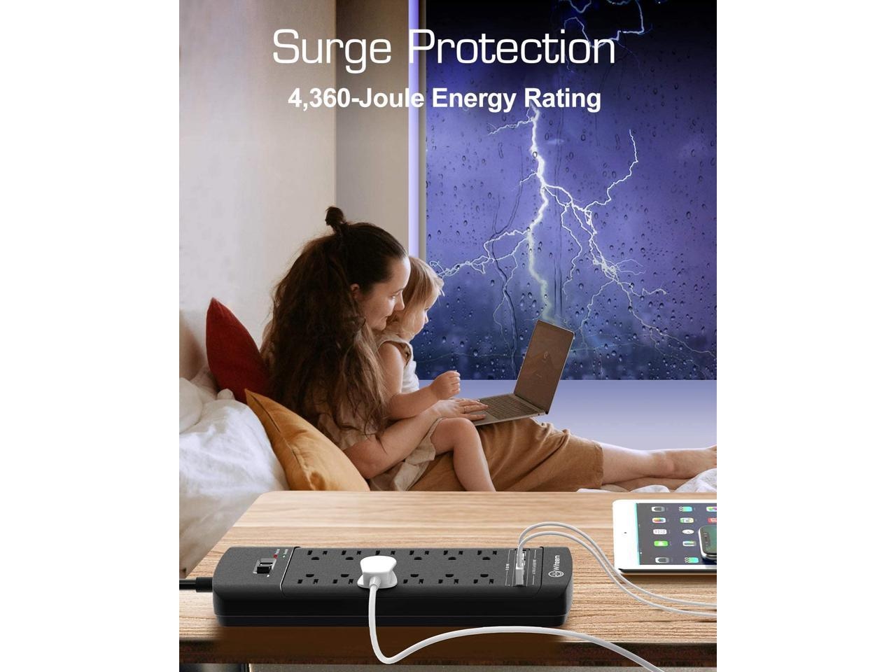 Power Strip,Witeem Surge Protector with 12-Outlet (1875W/15A,4360Joules) and 4 USB Charging Ports (5V/6A,30W),6Ft Extension Cord,Wall Mountable Overload Protection Outlet for Home & Office, Black