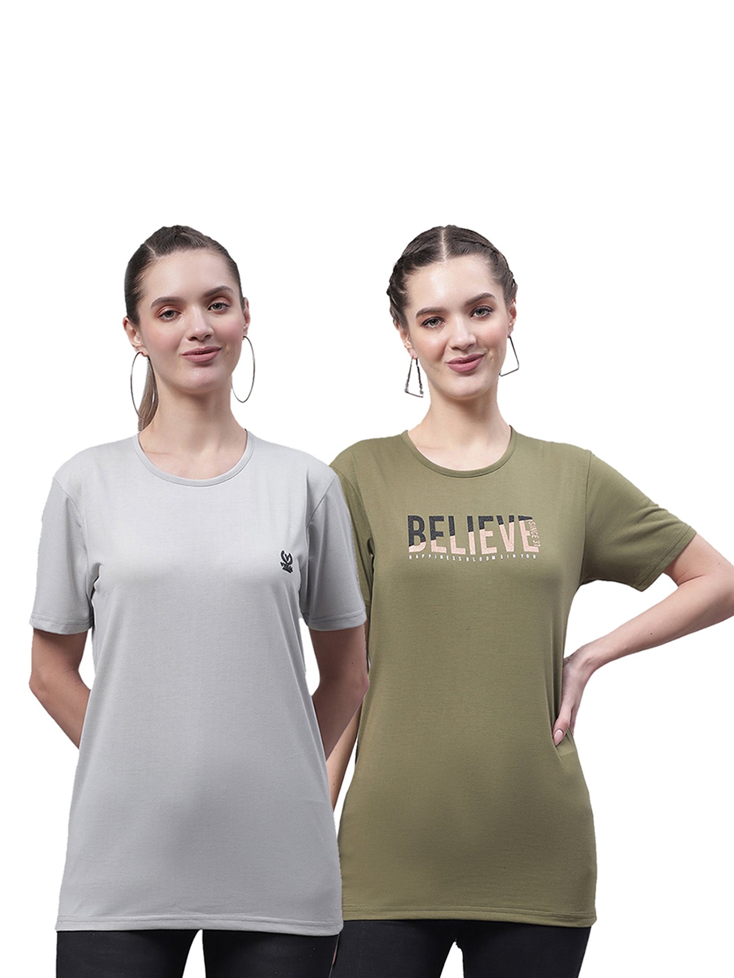 Vimal Jonney Light Grey & Olive Cotton Graphic Print T-Shirt (Pack Of 2)
