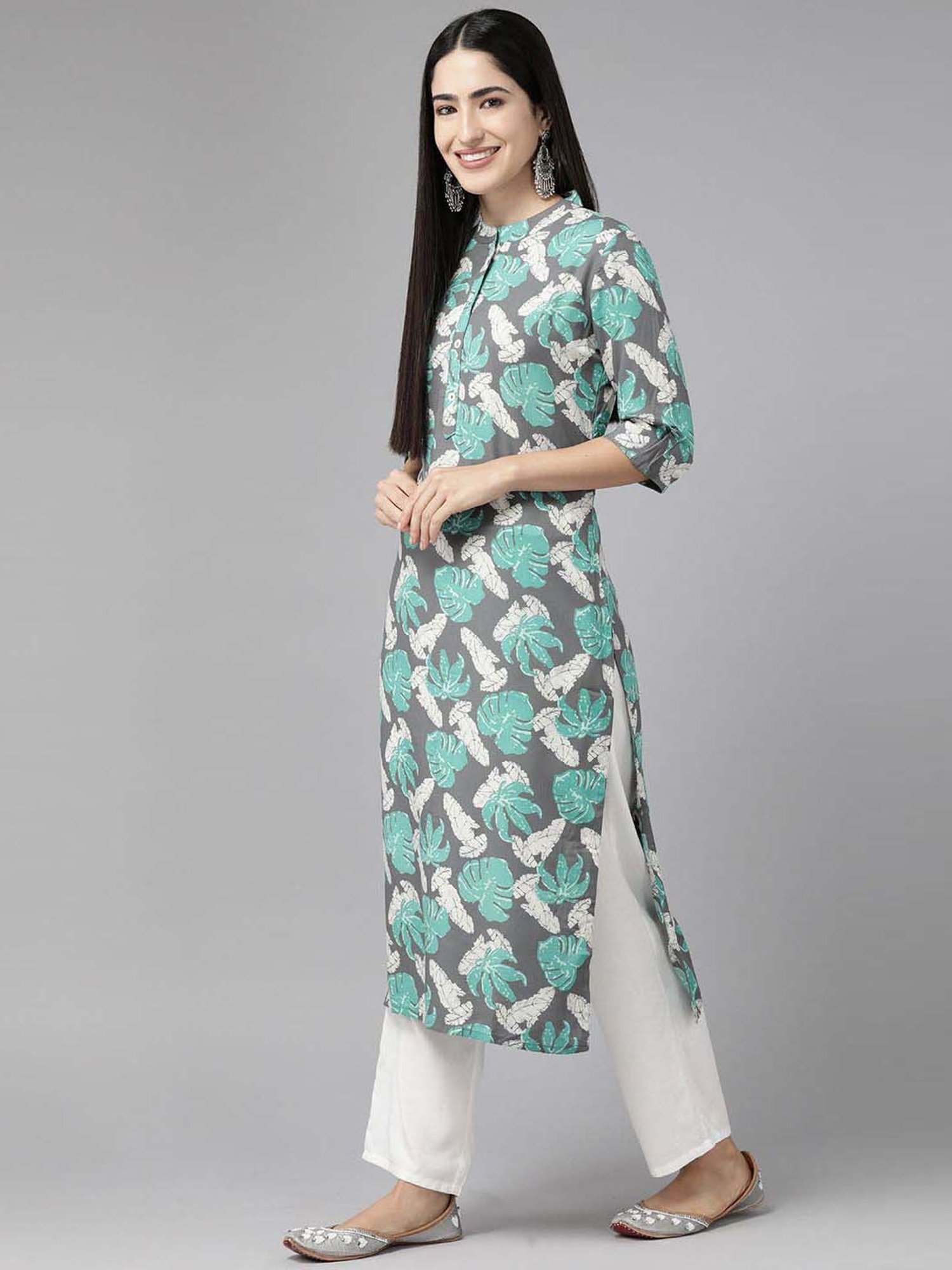 Cayman Grey & Turquoise Cotton Floral Print Straight Kurta